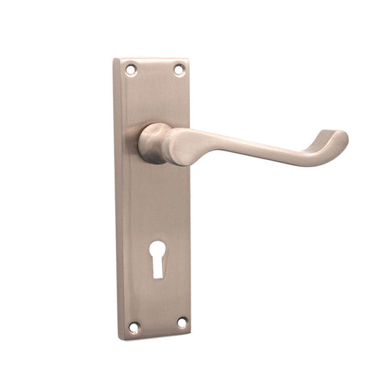 Victorian Scroll Lock Lever Handle 150mm Satin Nickel